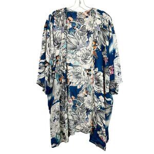 Jaase Womens Open Front Floral Top 3/4 Sleeve Blue/Multi Size Small Lightweight